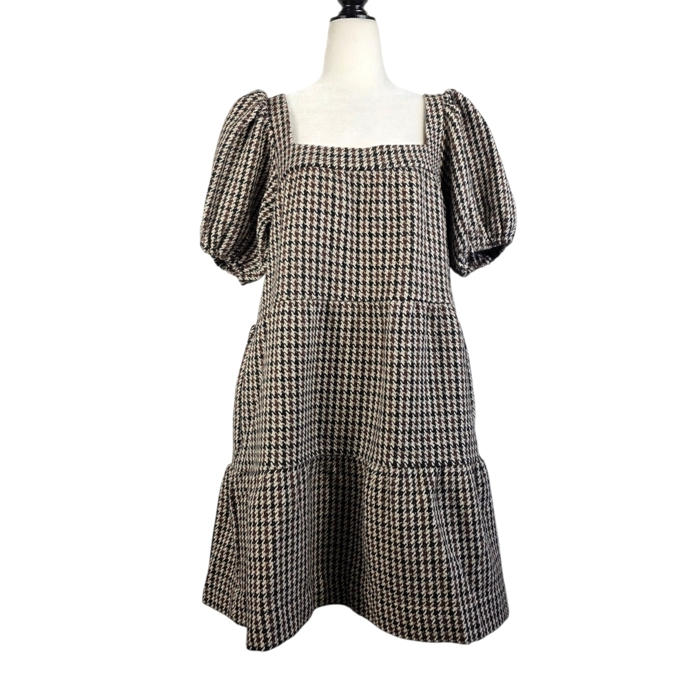 En Saison Wool blend Hounds Tooth Pattern puff sleeves tiered Dress